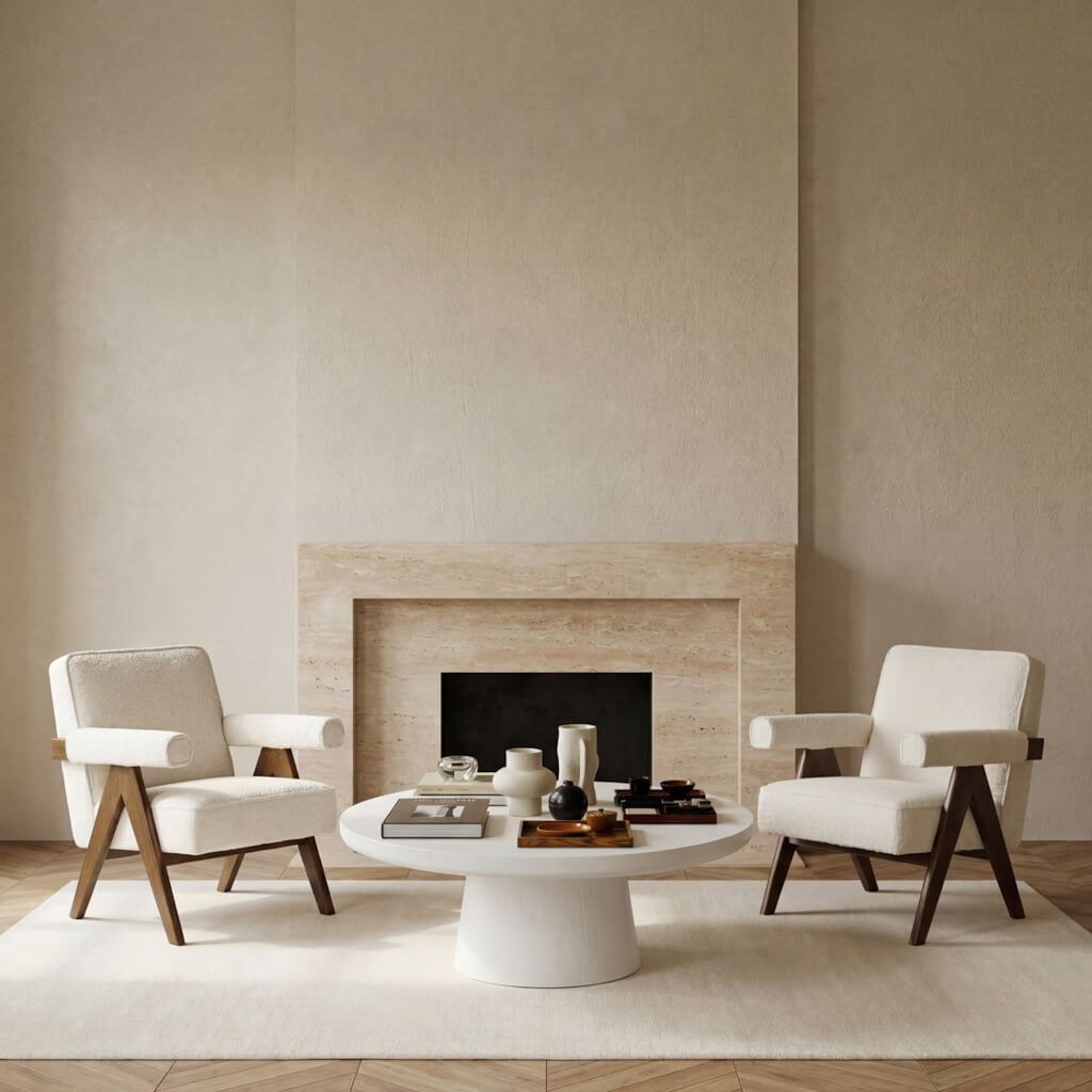 LPD Furniture Ember leaf herringbone chenille accent chair with walnut legs in a modern living room setting