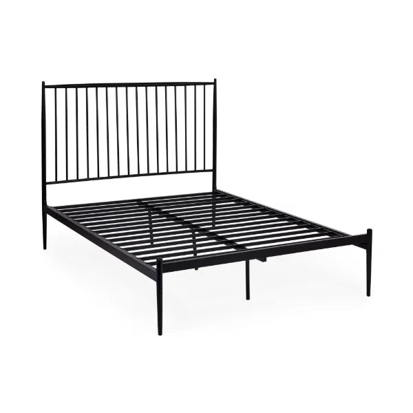 Floyd black metal spindle bed in a modern bedroom setting