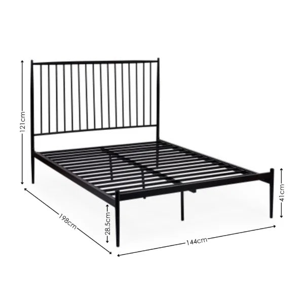 Floyd black metal spindle bed in a modern bedroom setting