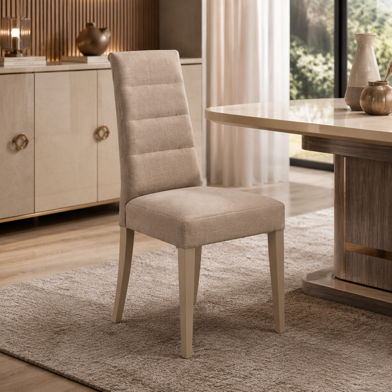 Fabric dining chair with Italian design. Cushioned seat, sturdy frame, comfortable for daily use. Made in Italy.