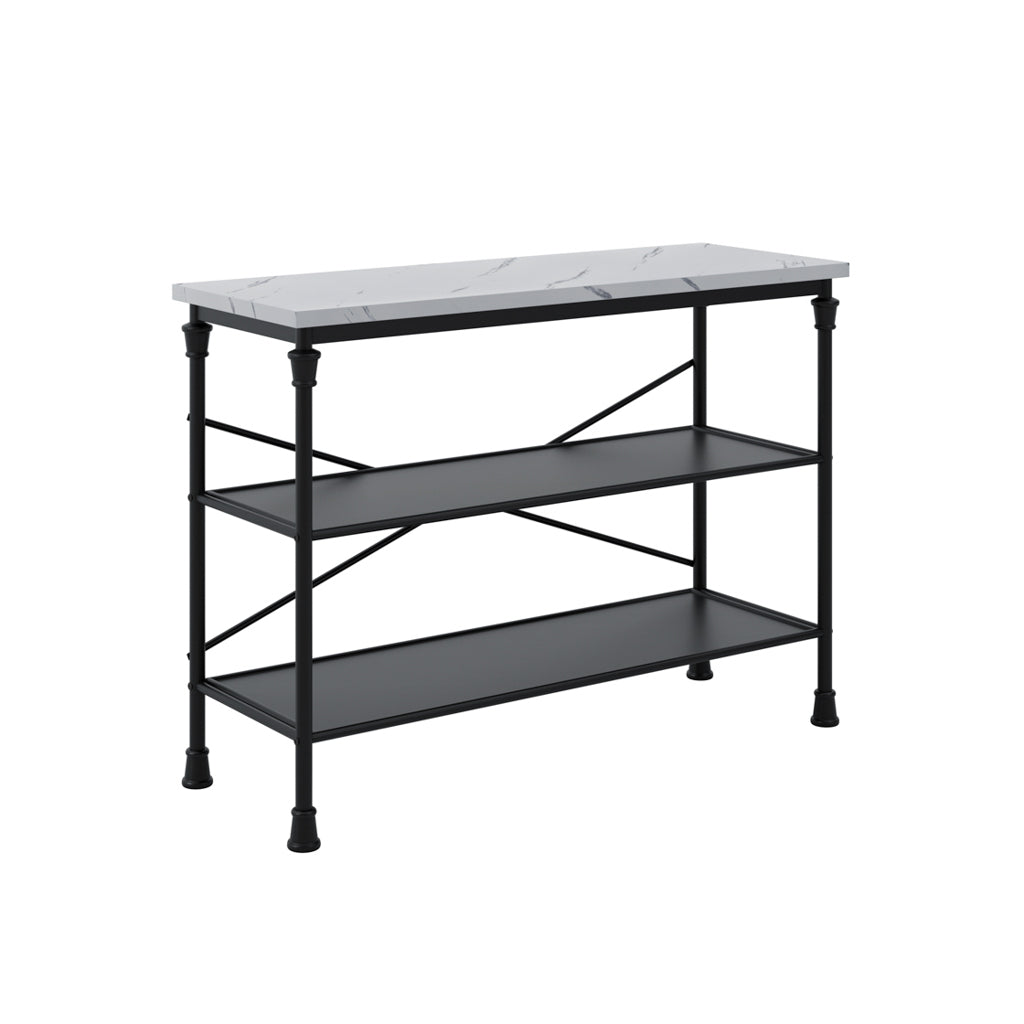 LPD Furniture Fairmont marble effect console table with black base in a modern hallway setting