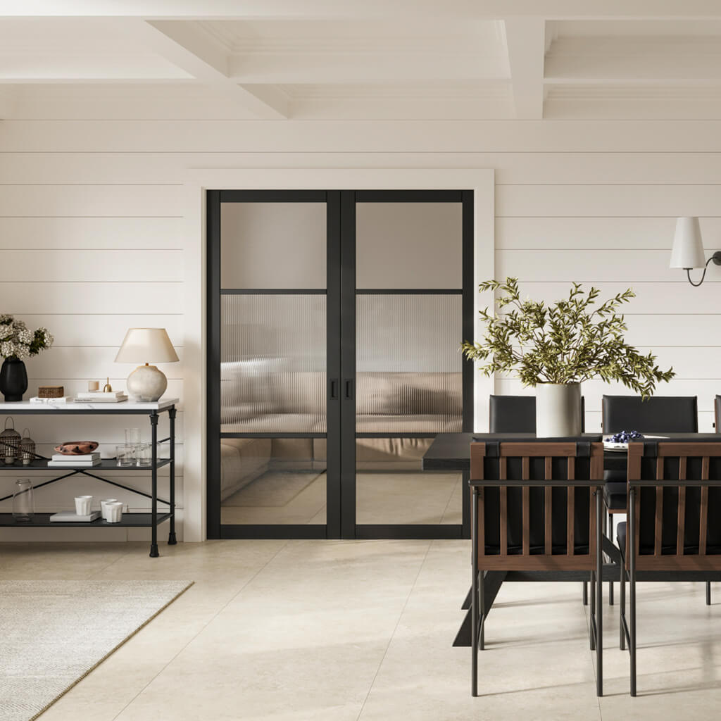 LPD Furniture Fairmont marble effect console table with black base in a modern hallway setting
