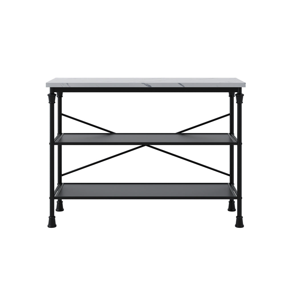LPD Furniture Fairmont marble effect console table with black base in a modern hallway setting