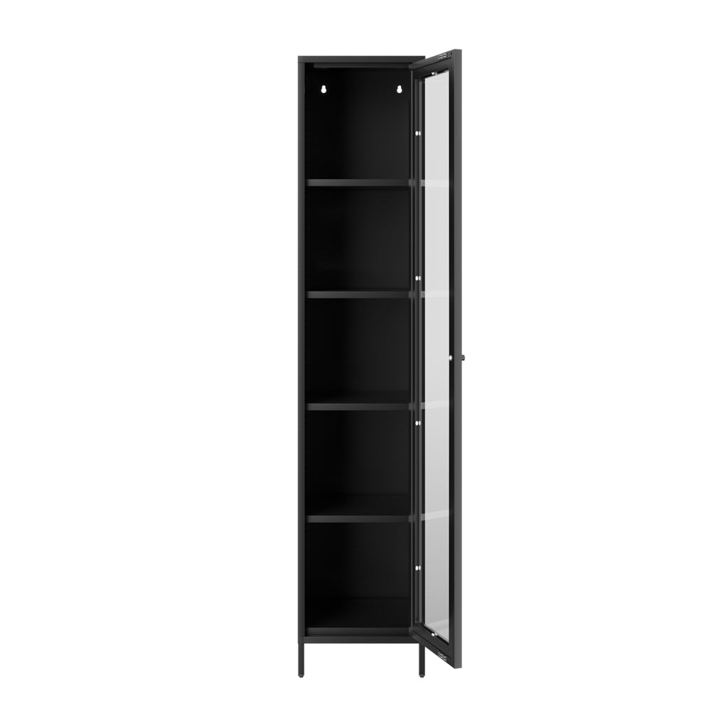 LPD Furniture Frank matte black steel cabinet with clear glass panels in a modern interior setting
