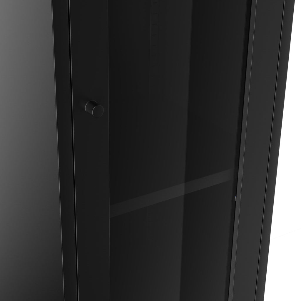 LPD Furniture Frank matte black steel cabinet with clear glass panels in a modern interior setting