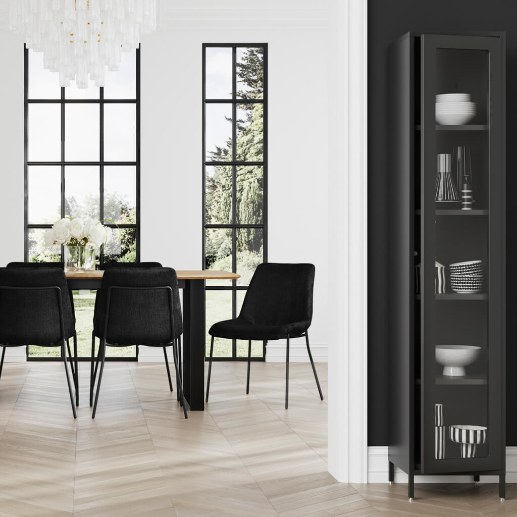 LPD Furniture Frank matte black steel cabinet with clear glass panels in a modern interior setting