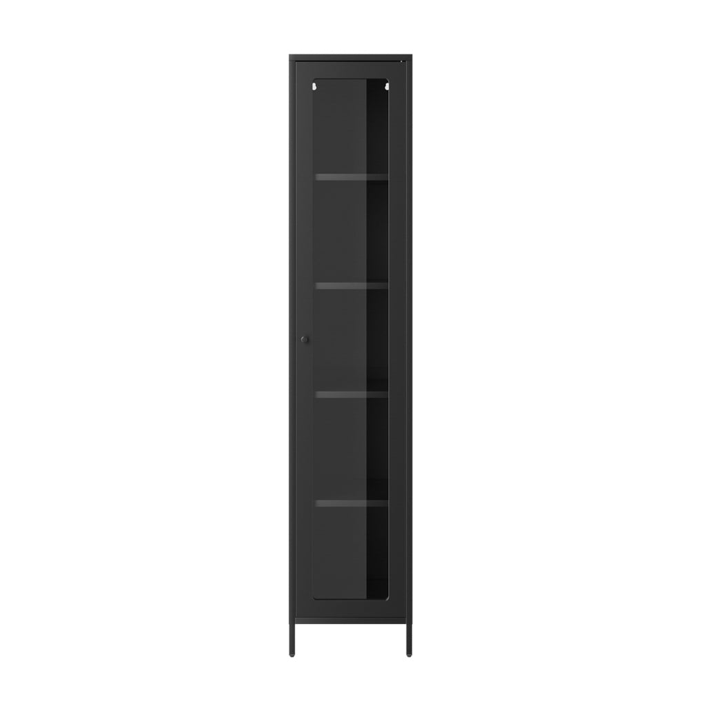 LPD Furniture Frank matte black steel cabinet with clear glass panels in a modern interior setting