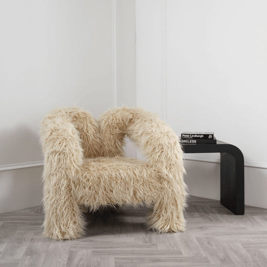 	LPD Furniture Freyja ivory faux Mongolian fur armchair in a modern living room setting