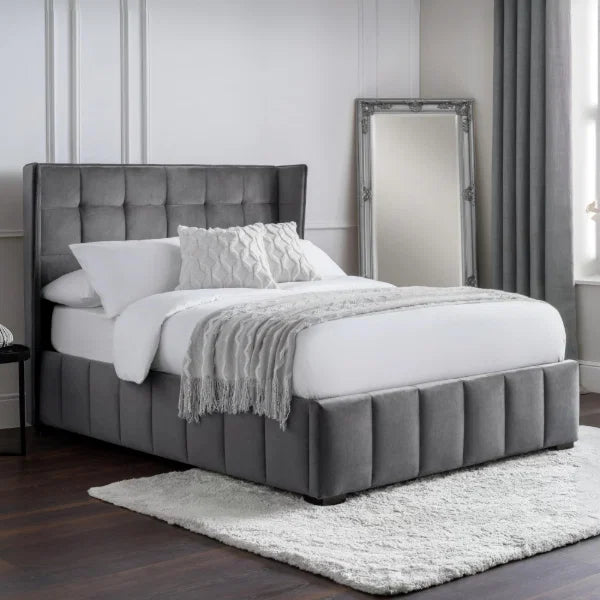 Gatsby Bed – Light Grey – Elegant Winged Velvet Bed with Buttoned Headboard