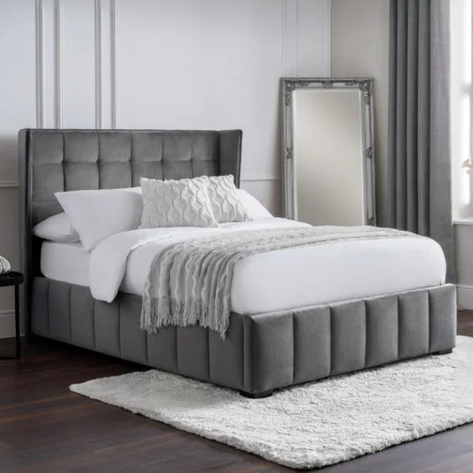 Gatsby Bed – Light Grey – Elegant Winged Velvet Bed with Buttoned Headboard