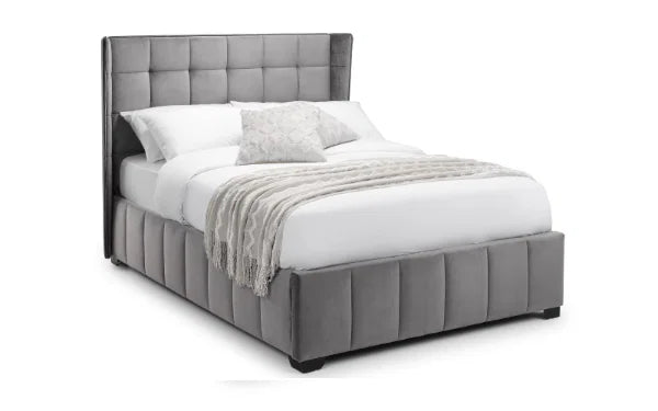 Gatsby Bed – Light Grey – Elegant Winged Velvet Bed with Buttoned Headboard