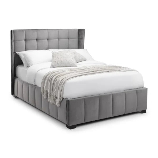 Gatsby Bed – Light Grey – Elegant Winged Velvet Bed with Buttoned Headboard