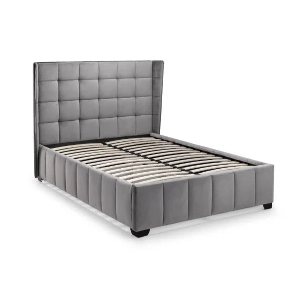 Gatsby Bed – Light Grey – Elegant Winged Velvet Bed with Buttoned Headboard