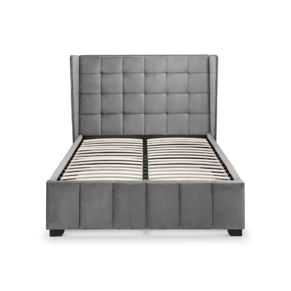Gatsby Bed – Light Grey – Elegant Winged Velvet Bed with Buttoned Headboard