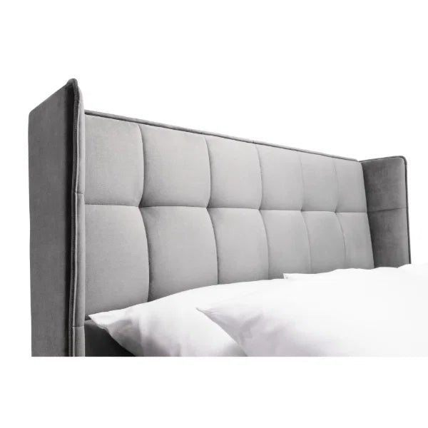 Gatsby Bed – Light Grey – Elegant Winged Velvet Bed with Buttoned Headboard