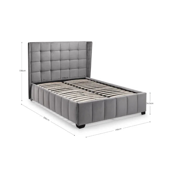 Gatsby Bed – Light Grey – Elegant Winged Velvet Bed with Buttoned Headboard