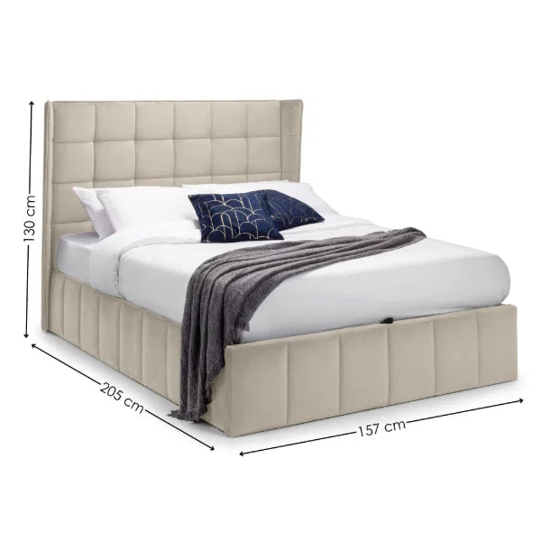 Gatsby cream velvet ottoman bed with tall winged headboard in a modern bedroom setting