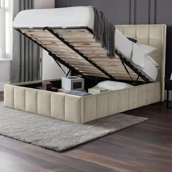 Gatsby cream velvet ottoman bed with tall winged headboard in a modern bedroom setting