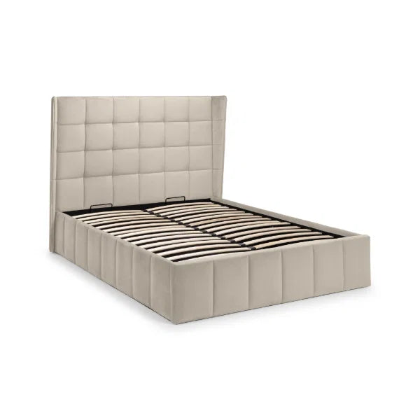 Gatsby cream velvet ottoman bed with tall winged headboard in a modern bedroom setting