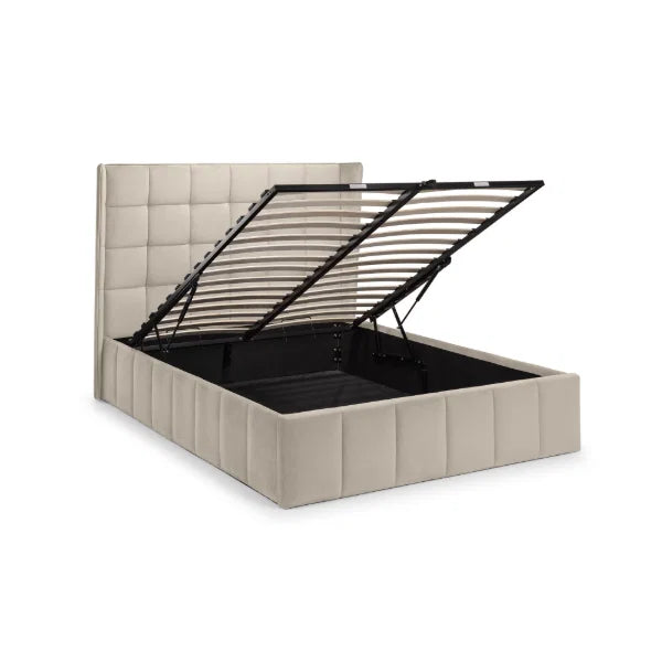 Gatsby cream velvet ottoman bed with tall winged headboard in a modern bedroom setting