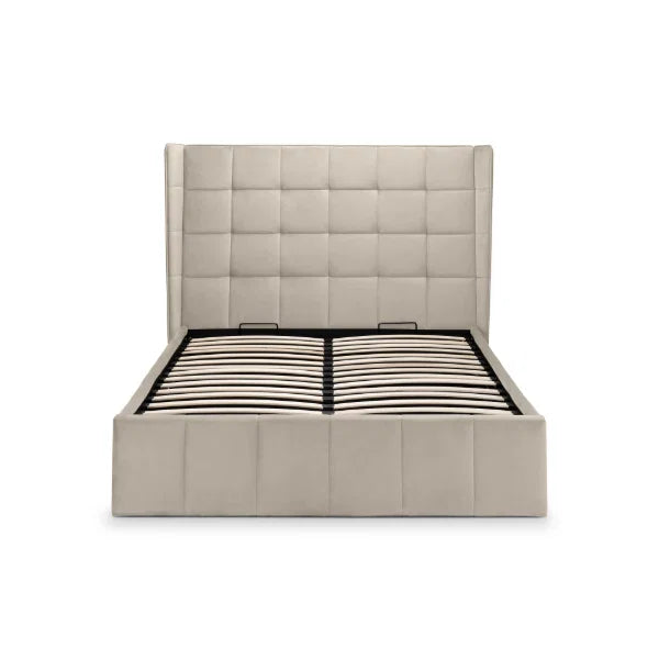 Gatsby cream velvet ottoman bed with tall winged headboard in a modern bedroom setting
