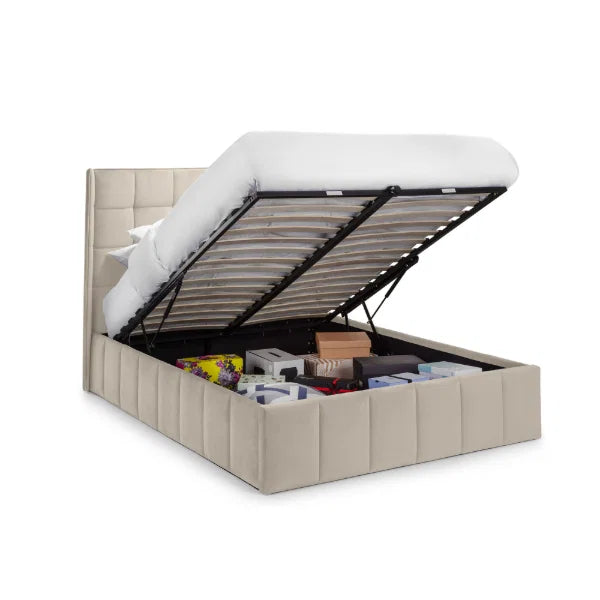 Gatsby cream velvet ottoman bed with tall winged headboard in a modern bedroom setting