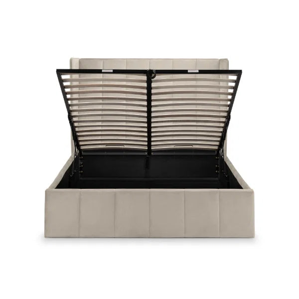 Gatsby cream velvet ottoman bed with tall winged headboard in a modern bedroom setting