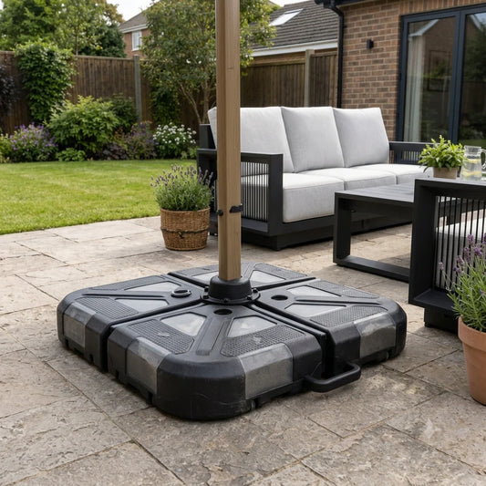 Furnish365 Camber 3m x 3m beige outdoor parasol with solar LED lights in a modern garden setting
