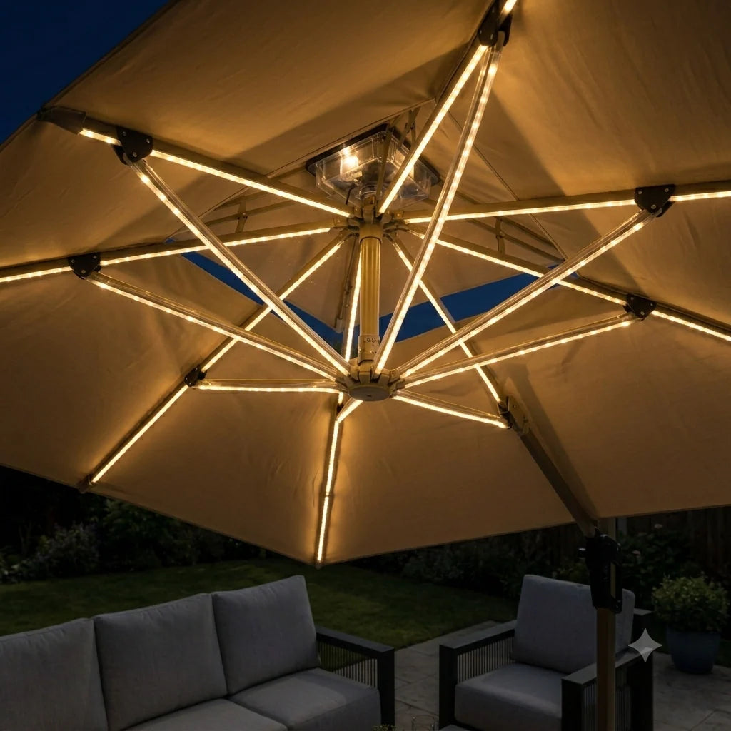 Furnish365 Camber 3m x 3m beige outdoor parasol with solar LED lights in a modern garden setting