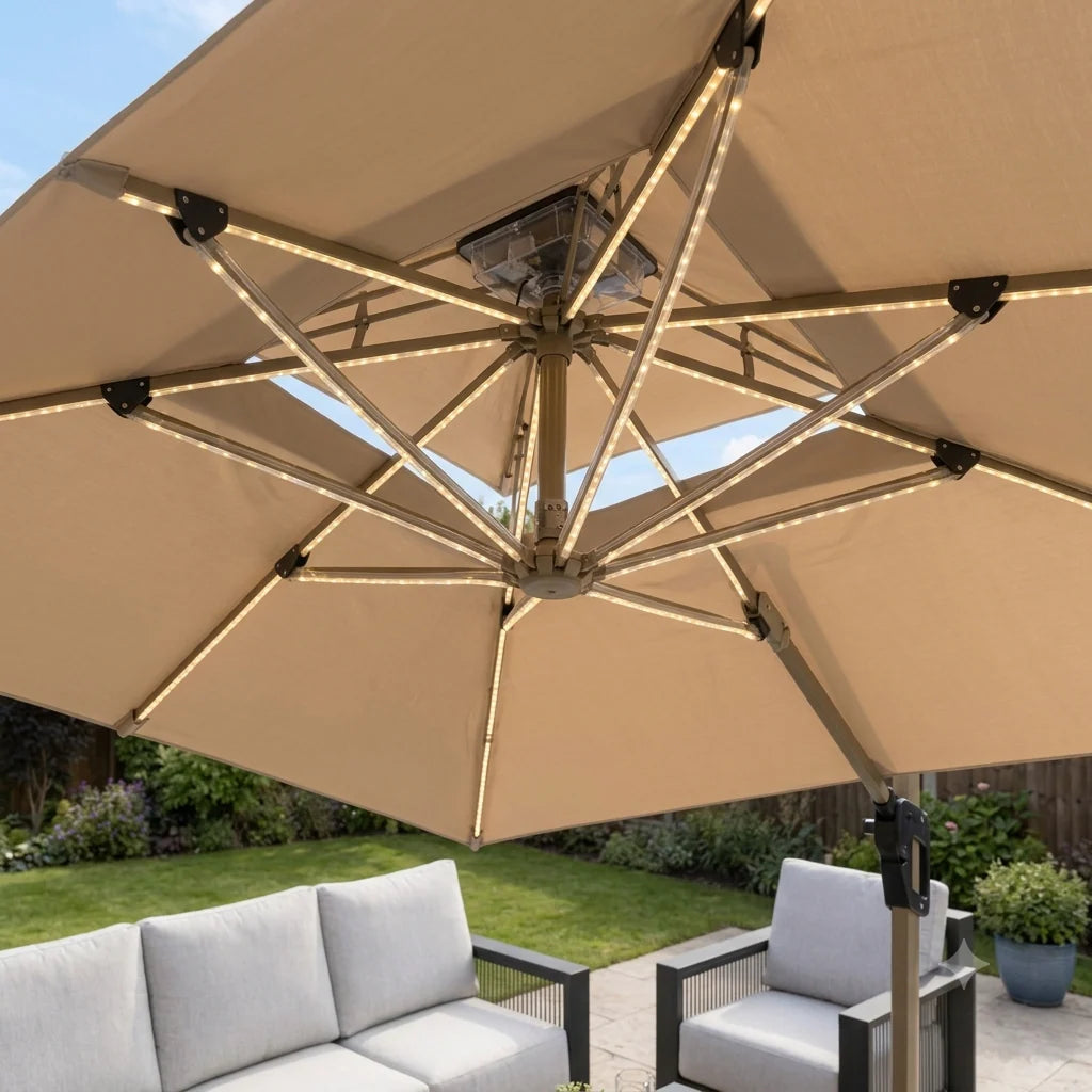 Furnish365 Camber 3m x 3m beige outdoor parasol with solar LED lights in a modern garden setting