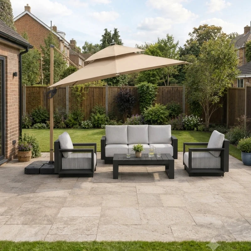 Furnish365 Camber 3m x 3m beige outdoor parasol with solar LED lights in a modern garden setting