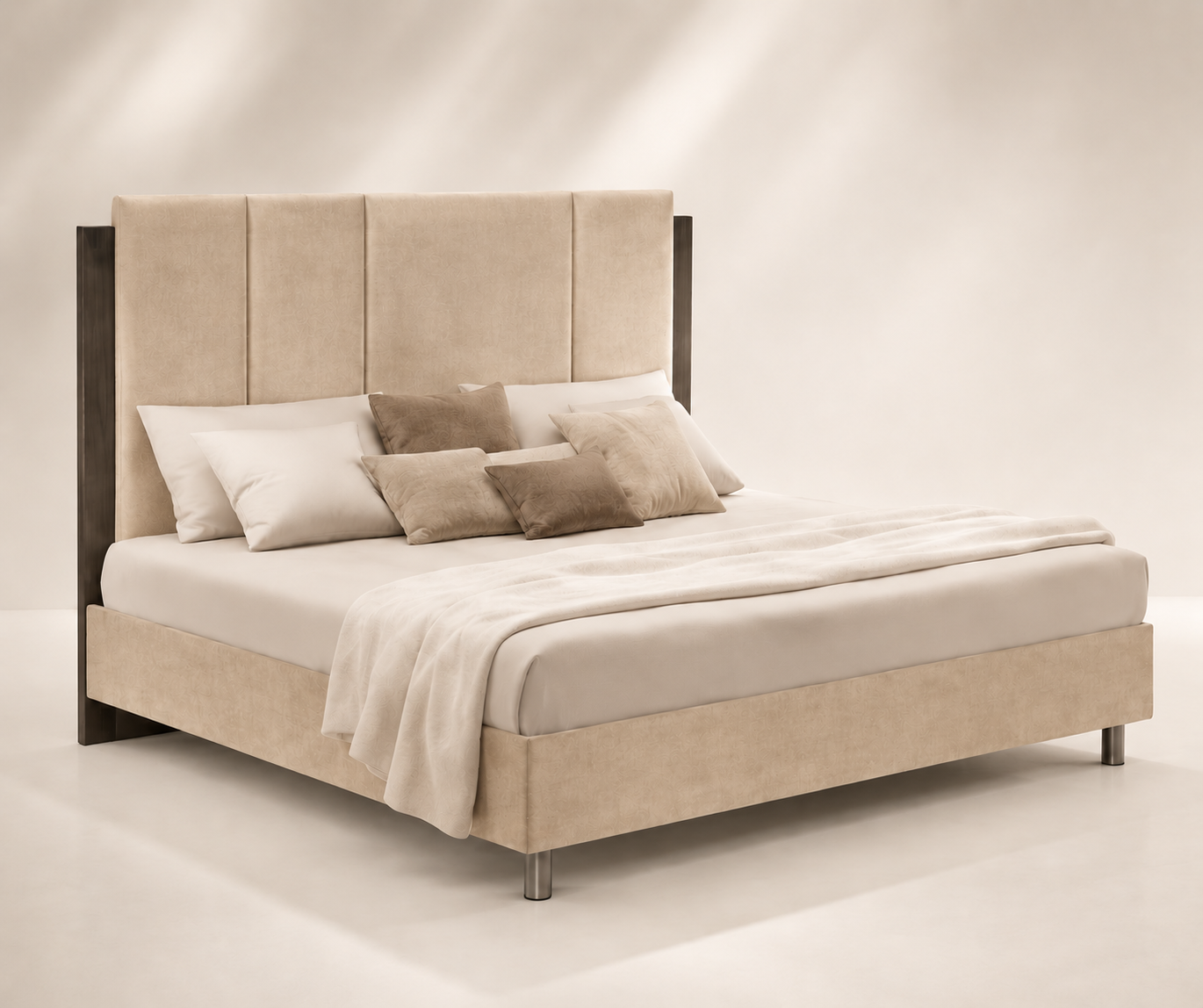 Grand King velvet bed in beige – Italian luxury design, elegant upholstered headboard, solid wood frame