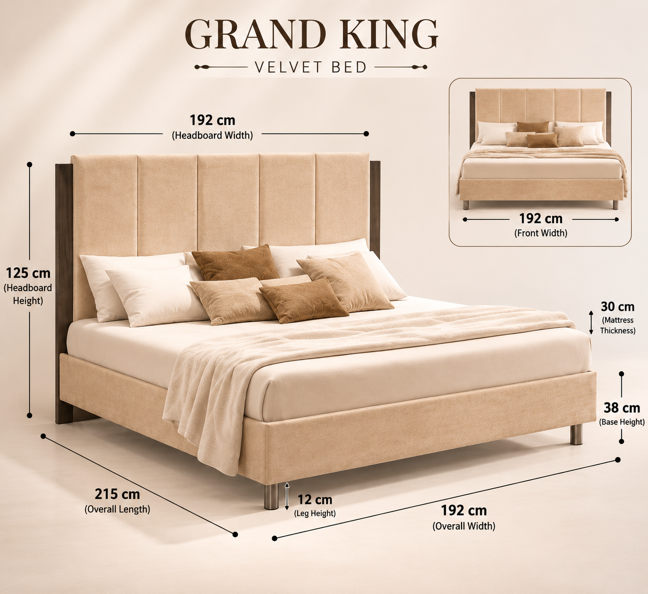 Grand King velvet bed in beige – Italian luxury design, elegant upholstered headboard, solid wood frame