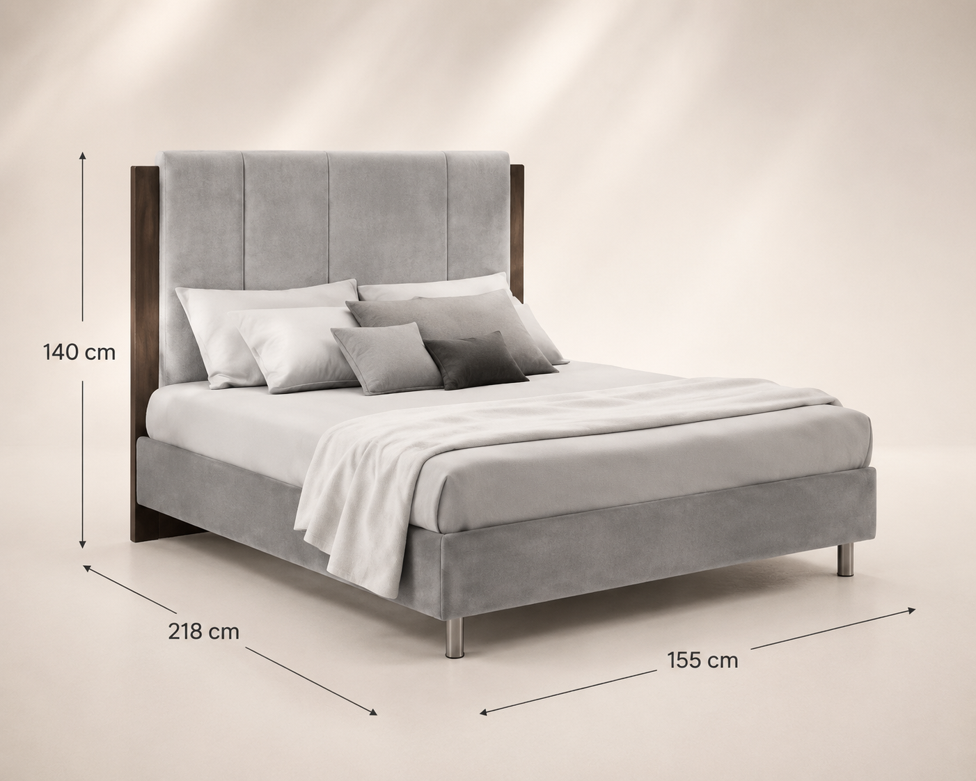 Grand Queen velvet bed in grey – Italian luxury design, elegant upholstered headboard, solid wood frame

