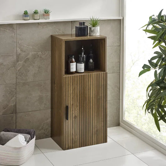 Hampshire Bathroom Storage Cabinet – Walnut Effect – Open Shelf and Cupboard (Pre-order – May)