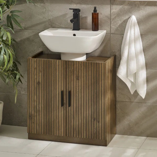 Hampshire Under Sink Bathroom Storage Unit – Walnut Effect – Space-Saving Design with Slatted Door (Pre-order – May)