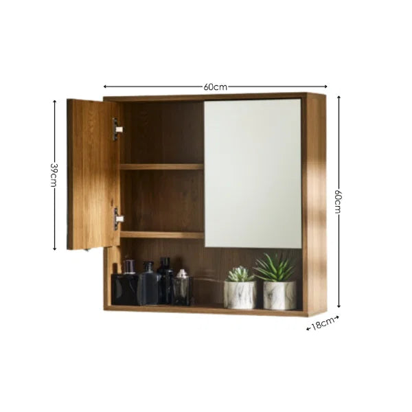 Hampshire Mirrored Bathroom Wall Cabinet – Walnut Effect – Mirrored Storage with Open Shelf (Pre-order – May)