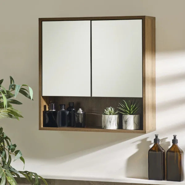 	Julian Bowen Hampshire walnut mirrored bathroom wall cabinet in a modern bathroom setting