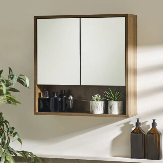 Hampshire Mirrored Bathroom Wall Cabinet – Walnut Effect – Mirrored Storage with Open Shelf (Pre-order – May)