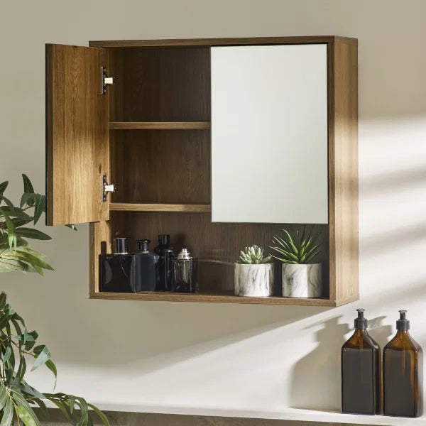 Hampshire Mirrored Bathroom Wall Cabinet – Walnut Effect – Mirrored Storage with Open Shelf (Pre-order – May)