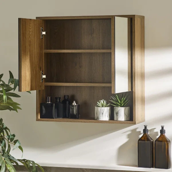 Hampshire Mirrored Bathroom Wall Cabinet – Walnut Effect – Mirrored Storage with Open Shelf (Pre-order – May)