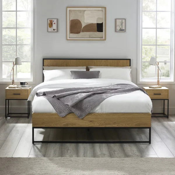 Harlow oak-effect king bed frame with black metal frame in a modern bedroom setting