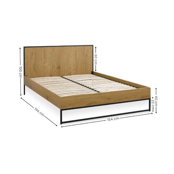 Harlow oak-effect king bed frame with black metal frame in a modern bedroom setting