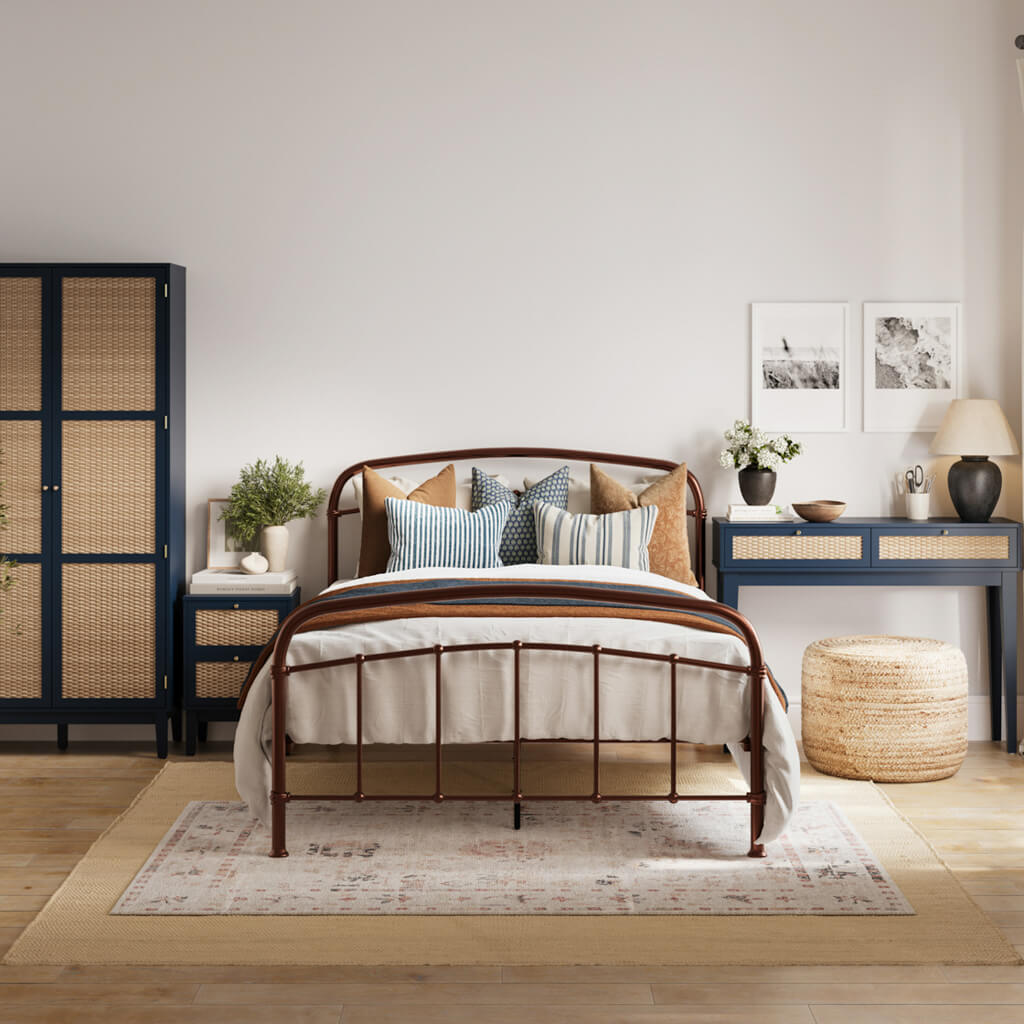 LPD Furniture Halston copper metal bed with open-frame design in a modern bedroom setting