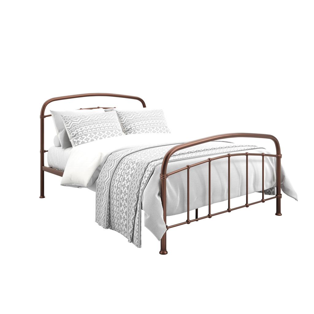LPD Furniture Halston copper metal bed with open-frame design in a modern bedroom setting