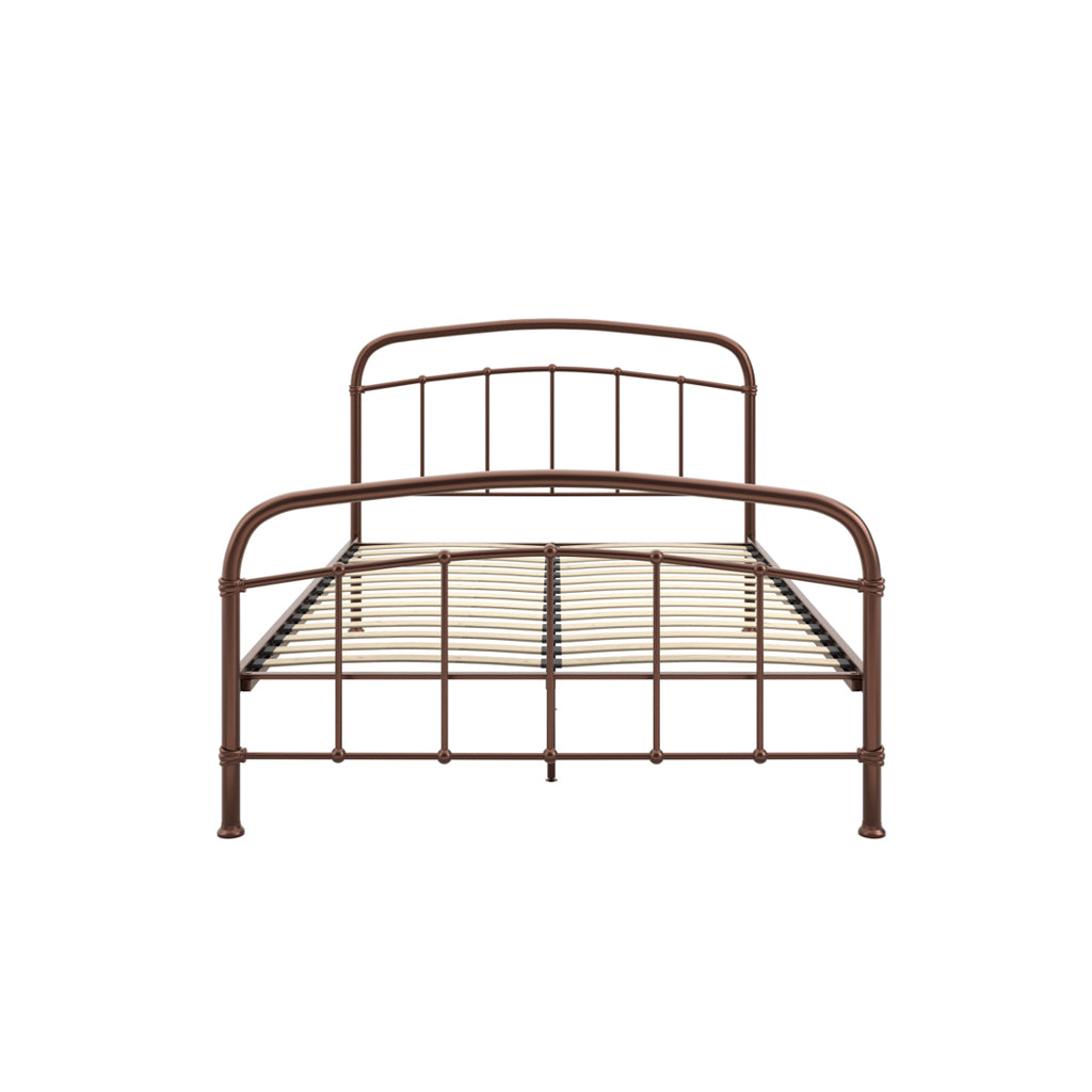 LPD Furniture Halston copper metal bed with open-frame design in a modern bedroom setting