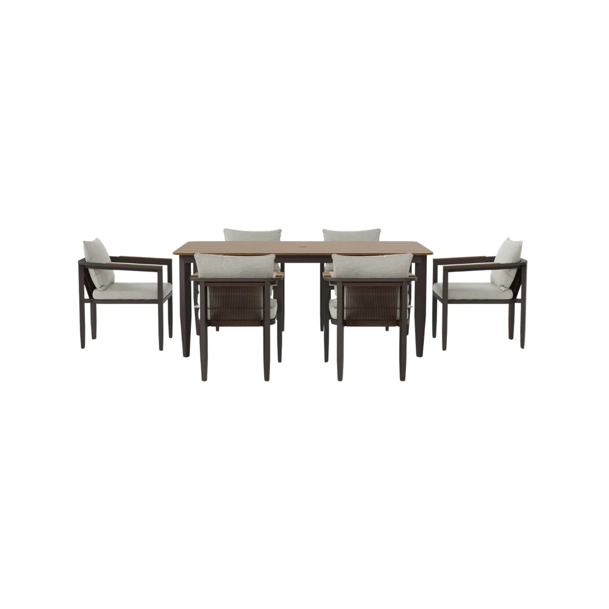 Furnish365 Hemera 6 seater outdoor dining set with PS slatted wood table and aluminium frame in a modern garden setting