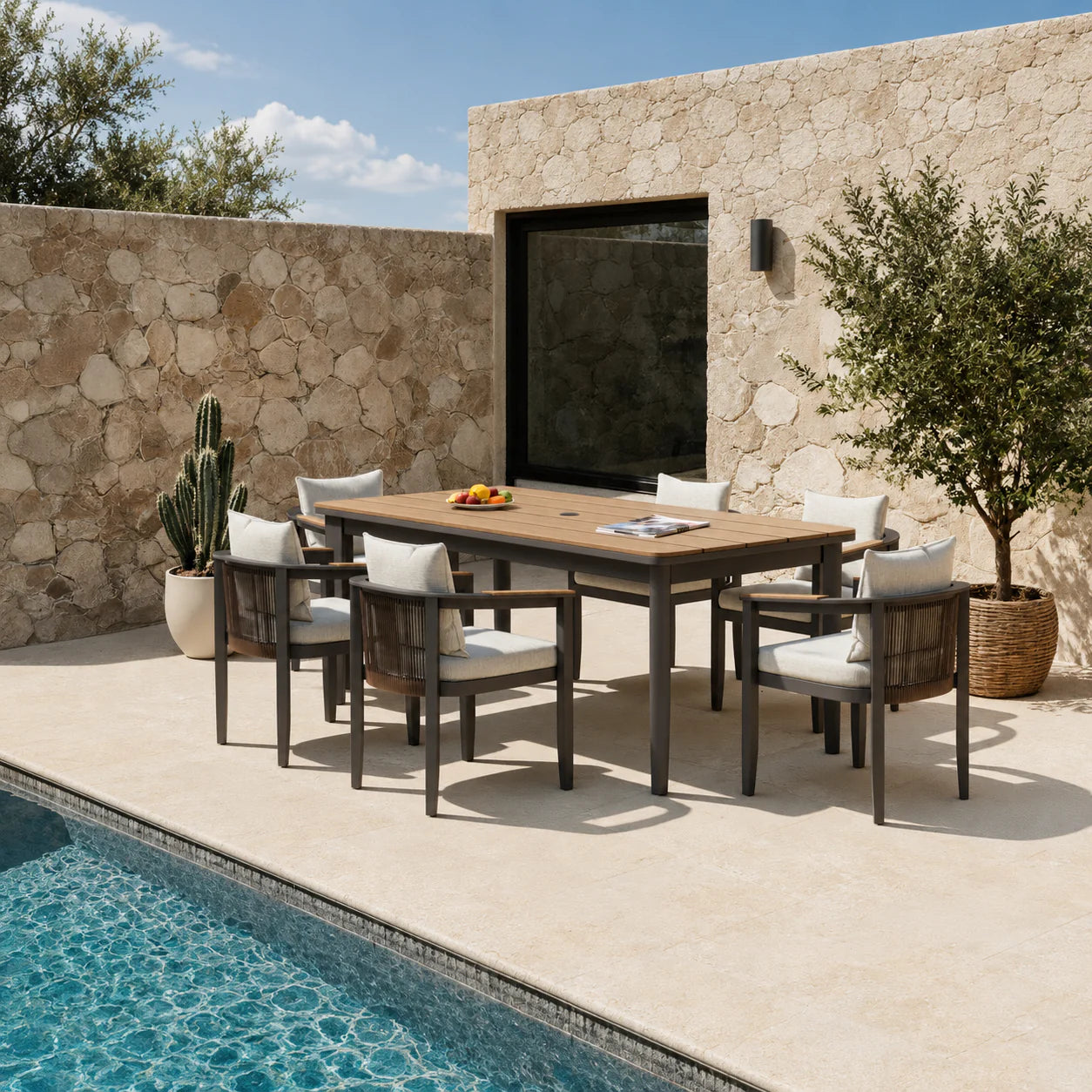 Furnish365 Hemera 6 seater outdoor dining set with PS slatted wood table and aluminium frame in a modern garden setting