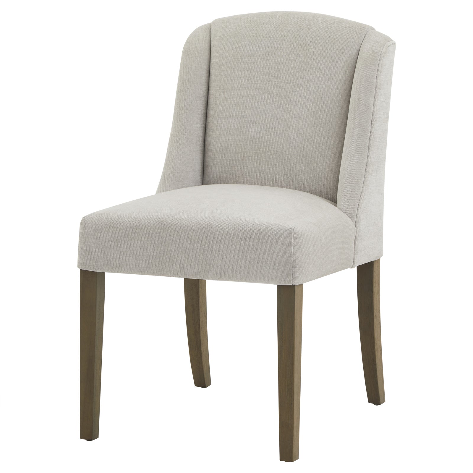 	Hill Interiors Compton light grey woven fabric dining chair with sleek contemporary silhouette, placed in a modern dining setting