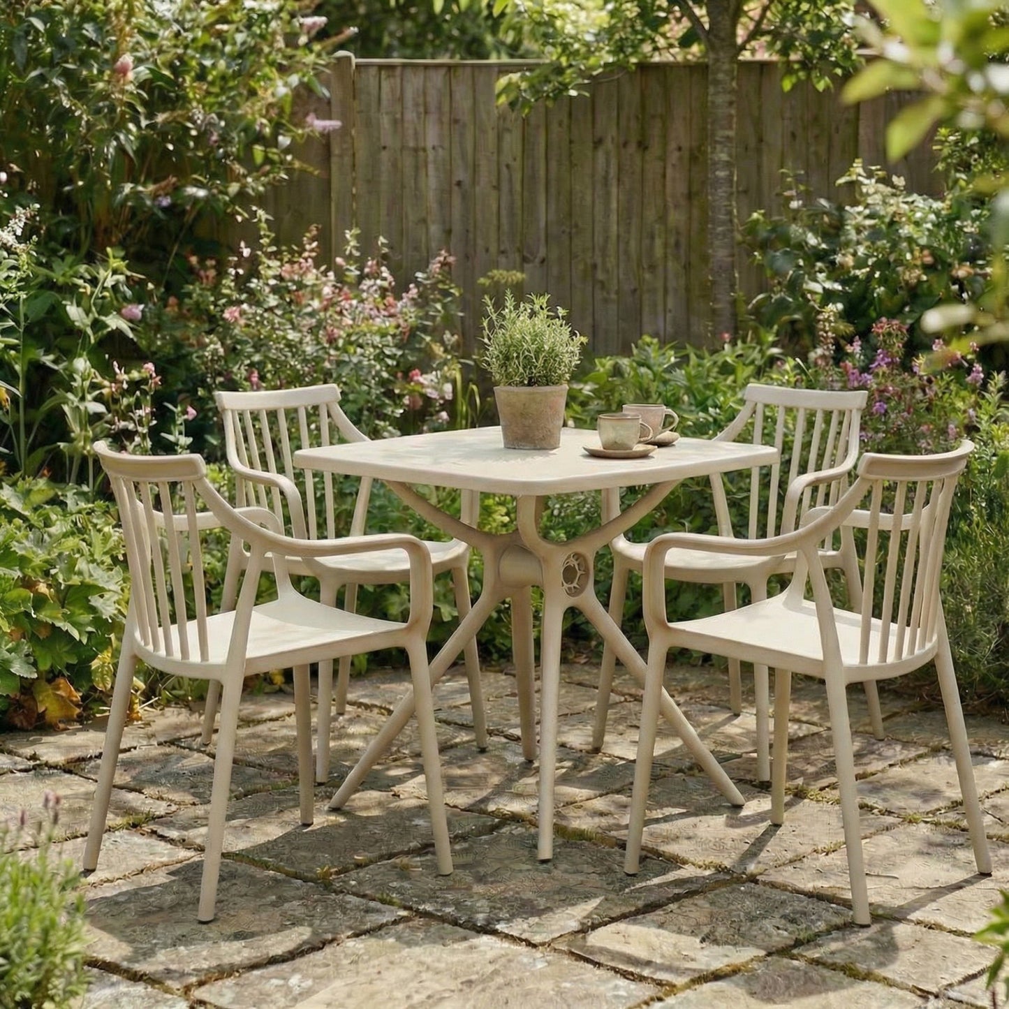 Hill Interiors Alto putty grey plastic dining table, placed in a modern dining setting